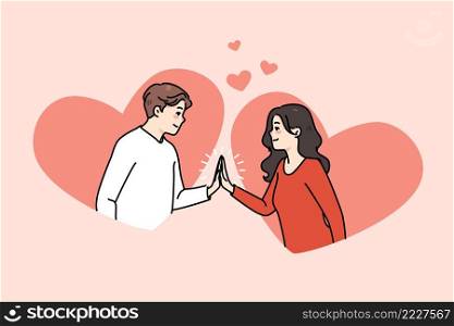 Happy young man and woman touch hands look in eyes feel in love. Smiling caring couple have close intimate bonding moment. Good relationships concept. Flat vector illustration. . Happy man and woman touch hands have close moment 