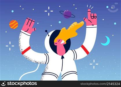 Happy young man astronaut in costume discover new horizons in open space. Smiling male spaceman or scientist fly in universe. Cosmos discovery and exploration. Science concept. Vector illustration. . Smiling astronaut discover open space