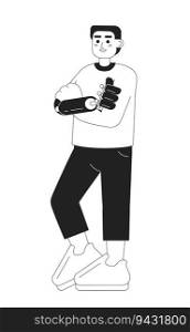 Happy young man crossed arms and bionic hand monochromatic flat vector character. Editable thin line full body person with disability on white. Simple bw cartoon spot image for web graphic design. Happy young man crossed hand and bionic hand monochromatic flat vector character