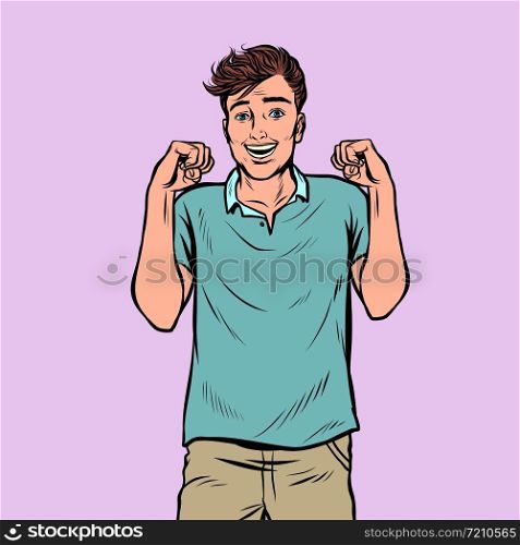 happy young man expectation anticipation happiness cute. Pop art retro vector illustration drawing vintage kitsch. happy young man expectation anticipation happiness cute