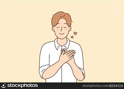 Happy young man hold hands at chest show love and gratitude. Smiling guy demonstrate care and affection feel grateful and thankful. Vector illustration.. Happy man with hold at chest feel grateful