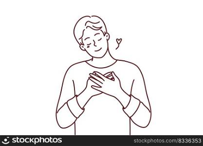 Happy young man hold hands on chest feeling grateful and thankful. Smiling guy show appreciation and gratitude. Vector illustration. . Happy man hold hands on chest