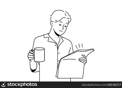 Happy young man in pyjama drinking coffee reading newspaper. Smiling male enjoy morning at home. Daily routine. Vector illustration. . Man in pyjama drink coffee read newspaper 