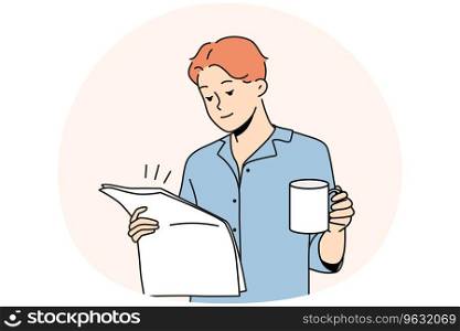 Happy young man in pyjama drinking coffee reading newspaper. Smiling male enjoy morning at home. Daily routine. Vector illustration.. Man in pyjama drink coffee read newspaper