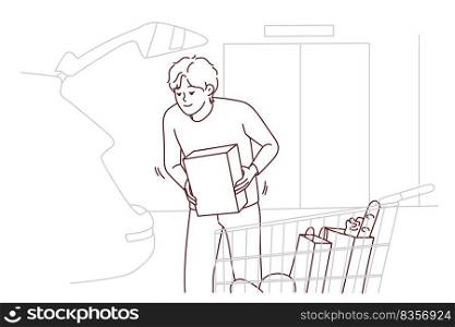Happy young man loading groceries in car. Smiling guy putting products from supermarket in automobile. Shopping concept. Vector illustration. . Man loading groceries into car 