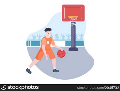 Happy Young Man Playing Basketball Flat Design Illustration Wearing Basket Uniform in Outdoor Court for Background, Poster or Banner