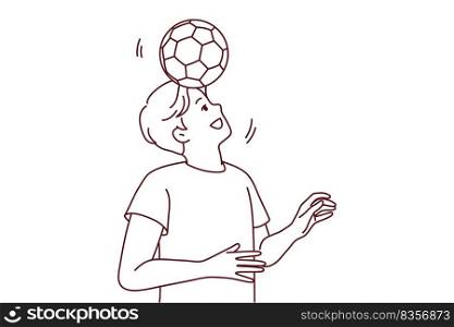Happy young man playing football outdoors. Smiling guy with ball on head have fun enjoy sport activity. Vector illustration. . Happy man playing football 