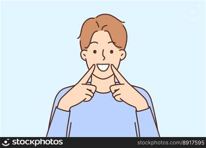 Happy young man point at healthy white teeth after dental treatment. Overjoyed guy demonstrate great smile recommend dentistry services. Oral care. Vector illustration. . Happy man show heathy white teeth 
