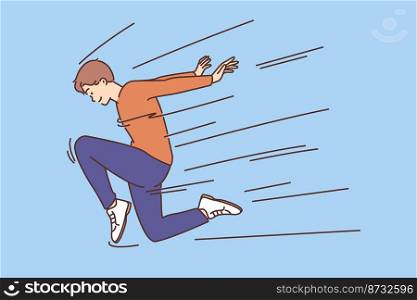 Happy young man running fast. Smiling guy have fun dancing. Hobby and entertainment. Vector illustration. . Happy man dancing 