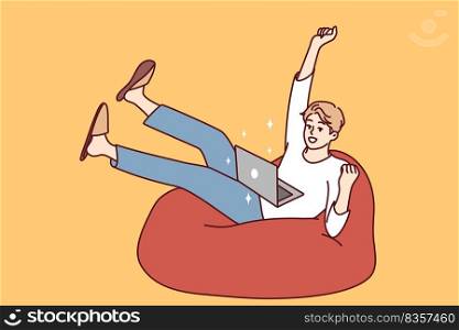Happy young man sit on sofa triumph win lottery online on computer. Excited guy use laptop feel euphoric with good news online on victory. Vector illustration.. Excited man triumph with lottery win on laptop