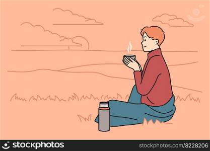 Happy young man sitting in nature drinking tea from thermos. Smiling enjoy warm coffee on hill outdoors. Relaxation concept. Vector illustration. . Happy man drinking tea in nature