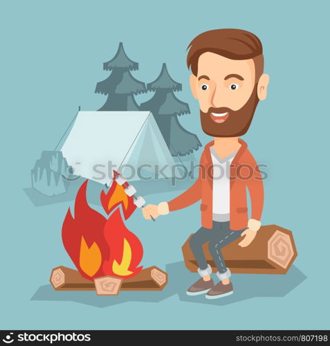 Happy young man sitting on a log near campfire. Hipster man with beard roasting marshmallow over campfire on the background of camping site with tent. Vector flat design illustration. Square layout.. Businessman roasting marshmallow over campfire.