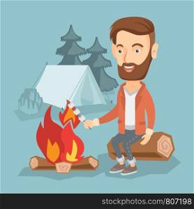 Happy young man sitting on a log near campfire. Hipster man with beard roasting marshmallow over campfire on the background of camping site with tent. Vector flat design illustration. Square layout.. Businessman roasting marshmallow over campfire.