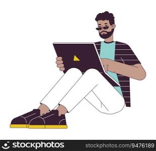 Happy young man sitting with laptop flat line color vector character. Editable outline full body freelancer working on white. Simple cartoon spot illustration for web graphic design. Happy young man sitting with laptop flat line color vector character