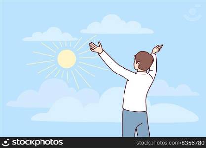 Happy young man stretch hands welcome sun in nature. Smiling female recovered from psychological mental problems excited with happy life. Vector illustration.. Happy man meet sun recover from mental problems