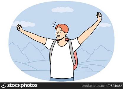 Happy young man with backpack stand on mountain peak with arms raised. Smiling guy feel excited with travel or nature tourism. Vector illustration.. Happy man with backpack on mountain peak