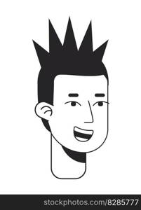 Happy young man with mohawk hair monochromatic flat vector character head. Black white avatar icon. Editable cartoon user portrait. Lineart ink spot illustration for web graphic design and animation. Happy young man with mohawk hair monochromatic flat vector character head