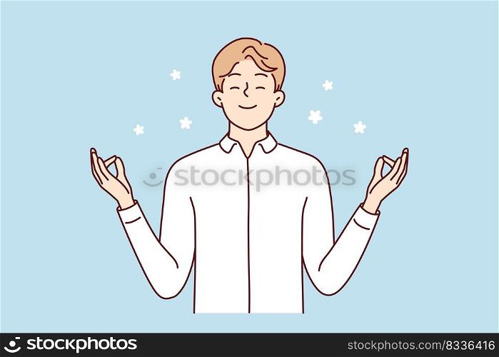 Happy young man with mudra hands meditate relieve negative emotions. Smiling calm male practice yoga think positive. Mental health concept. Vector illustration. . Happy man with mudra hands meditate 