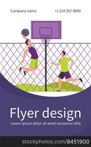 Happy young men playing basketball on court. Two team players training at fence and throwing ball into basket. Vector illustration for urban stadium, sport activity concept