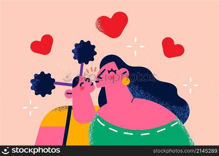 Happy young mother and daughter kiss show care and love enjoy family time together. Smiling mom and small girl child have fun relax on weekend. Motherhood concept. Gratitude. Vector illustration. . Happy mother and daughter kiss enjoy time together