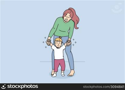 Happy young mother hold little baby child make first steps. Smiling loving mom lead excited small kid toddler walking. Motherhood and childhood concept. Flat vector illustration. . Happy mom help little baby toddler make steps