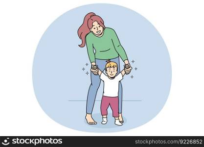 Happy young mother hold little baby child make first steps. Smiling loving mom lead excited small kid toddler walking. Motherhood and childhood concept. Flat vector illustration.. Happy mom help little baby toddler make steps