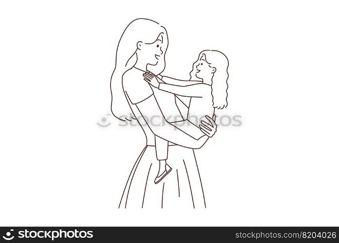 Happy young mother holding smiling little daughter in hands. Loving mom hugging small girl child show love and care. Motherhood. Vector illustration. . Smiling mother holding small daughter in hands