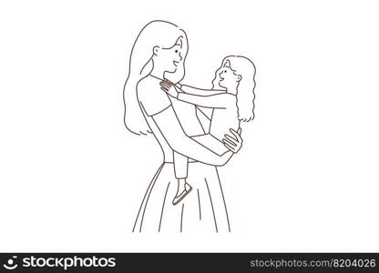 Happy young mother holding smiling little daughter in hands. Loving mom hugging small girl child show love and care. Motherhood. Vector illustration. . Smiling mother holding small daughter in hands