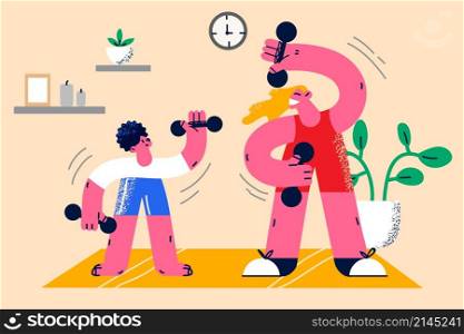 Happy young mother in sportswear do sports on lockdown at home with little kid. Smiling sportive toned mom and small child have fun train exercise together indoors. Flat vector illustration.. Happy mother and small kid do sports at home