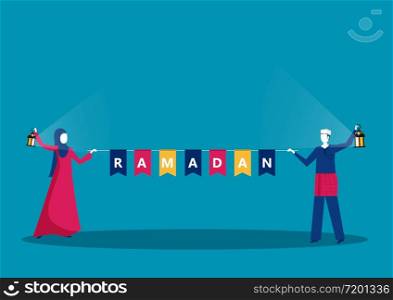 Happy Young Muslim with Ramadan Kareem Happy Ramadan Text vector.