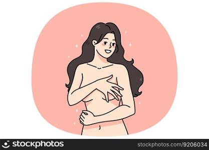 Happy young naked woman isolated on pink studio background cover body with hands. Smiling sexy millennial girl with no clothes on hide figure. Art and nudity. Vector illustration.. Young naked woman cover body with hands