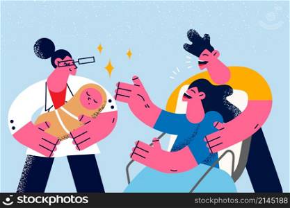 Happy young parents meet newborn child after giving birth in good medical service clinic. Nurse bring baby infant to excited mother and father. Family and childbirth concept. Vector illustration. . Nurse bring newborn to excited young parents