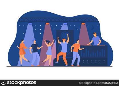 Happy young people dancing in club isolated flat vector illustration. Cartoon characters enjoying dance at disco night party. DJ scene performance and entertainment concept