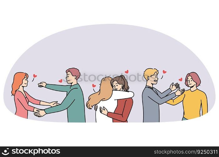 Happy young people hugging meeting together greeting each other. Smiling diverse friends have fun embracing with open arms. Friendship and relationship. Vector illustration.. Happy diverse people hugging greeting each other