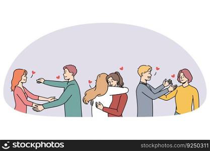 Happy young people hugging meeting together greeting each other. Smiling diverse friends have fun embracing with open arms. Friendship and relationship. Vector illustration.. Happy diverse people hugging greeting each other