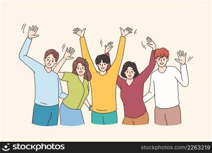 Happy young people raise hands paving having fun together. Smiling diverse friends celebrate or throw party posing for picture. Friendship and diversity concept. Flat vector illustration.. Happy young people raise hands have fun together