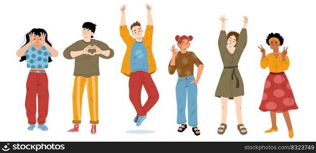Happy young people showing positive emotions with gestures. Set of flat characters making hand heart, thumbs-up, ok and victory sign. Body language. Vector illustration isolated on white background. Happy young people showing positive emotions