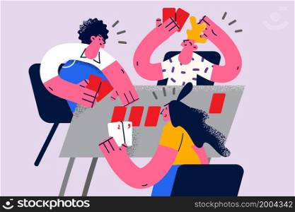 Happy young people sit at table play cards together on weekend. Smiling friends have fun engaged in poker match relax on Friday leisure time. Entertainment, friendship. Flat vector illustration. . Happy people play cards together on weekend