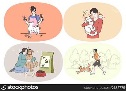 Happy young pets owners concept. Set of smiling girls and boys grooming hugging feeding dog running in park together playing and enjoying time with pets vector illustration. Happy young pets owners concept