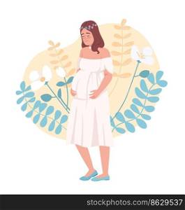 Happy young pregnant woman 2D vector isolated illustration. Maternity flat character on cartoon background. Baby birth expectation colourful editable scene for mobile, website, presentation. Happy young pregnant woman 2D vector isolated illustration