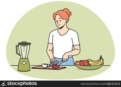 Happy young woman chopping fruits for smoothie. Smiling girl cut fresh fruit in kitchen follow healthy lifestyle. Vector illustration.. Happy woman chop fruits for smoothie