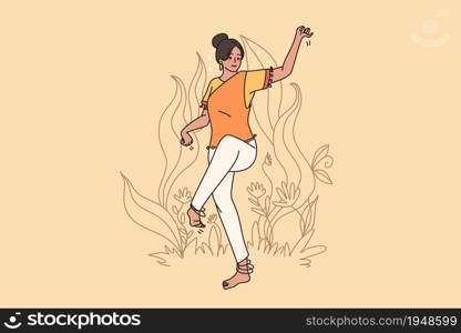 Happy young woman dancer in Indian clothes enjoy traditional dance outdoor in nature. Smiling girl show folk oriental movement gestures. India culture concept. Cartoon character, vector illustration.. Happy Indian woman enjoy traditional dance outdoor