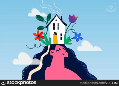 Happy young woman dream of beautiful big house make plans in head. Dreamy smiling girl involved in creative thinking or visualizing. Inspiration and visualization concept. Vector illustration. . Happy woman dream or make plans in head