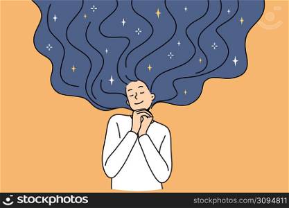 Happy young woman dream or imagine future. Calm smiling girl feel dreamy and pensive make plans or daydream. Visualization and imagination. Flat vector illustration. . Young woman dreaming and visualizing of future