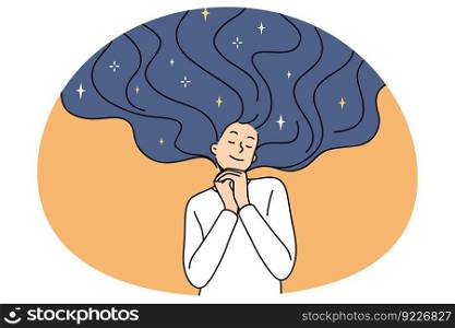 Happy young woman dream or imagine future. Calm smiling girl feel dreamy and pensive make plans or daydream. Visualization and imagination. Flat vector illustration.. Young woman dreaming and visualizing of future