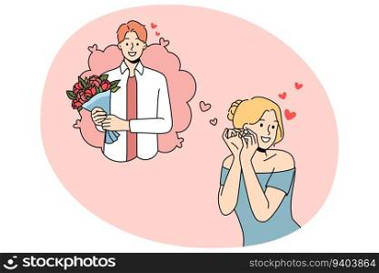 Happy young woman dreaming of beloved man coming on date with flowers. Smiling girl imagi≠boyfriend with floral bouquet on romantic meeting. Love and relationship. Vector illustration.. Happy woman dreaming of man with flowers