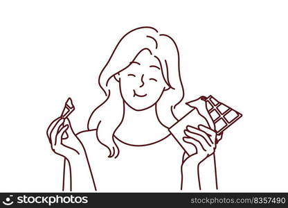 Happy young woman eating chocolate. Smiling girl feel joyful enjoy sweet bar or sugar dessert. Vector illustration.. Smiling girl eating chocolate bar