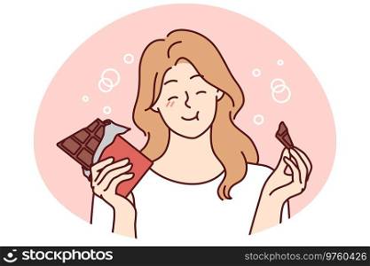 Happy young woman eating chocolate. Smiling girl feel joyful enjoy sweet bar or sugar dessert. Vector illustration.. Smiling girl eating chocolate bar