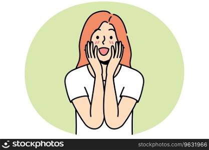 Happy young woman feel excited with good unbelievable news. Smiling girl surprised with unexpected message or notification. Vector illustration.. Happy woman excited with unexpected news