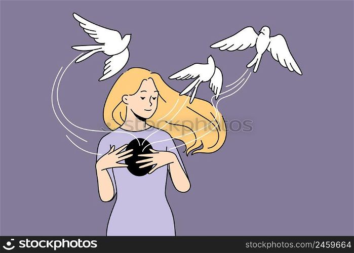 Happy young woman free birds from chest recover from depression or anxiety. Calm smiling girl overcome psychological or mental problems. Healthcare and psychotherapy. Vector illustration. . Young woman free birds from chest